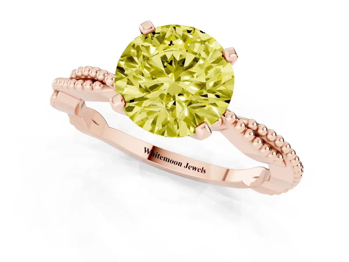 Fancy Yellow Round Cut Solitaire Twisted Band with Bead Prong Setting Rose gold
