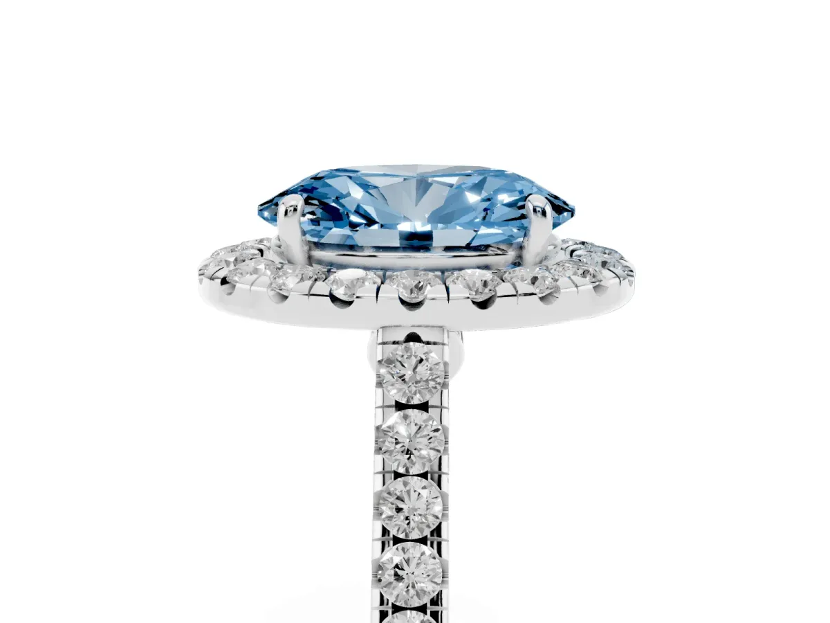 Fancy Blue Oval Cut Halo Pave Diamond Engagement Ring with Four-Prong Setting Silver