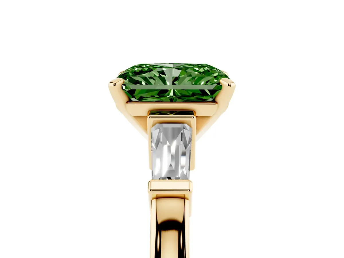 Fancy Green Radiant Cut Cut Diamond Solitaire Ring with Tapered Baguette Accents and Four-Prong Setting Yellow gold