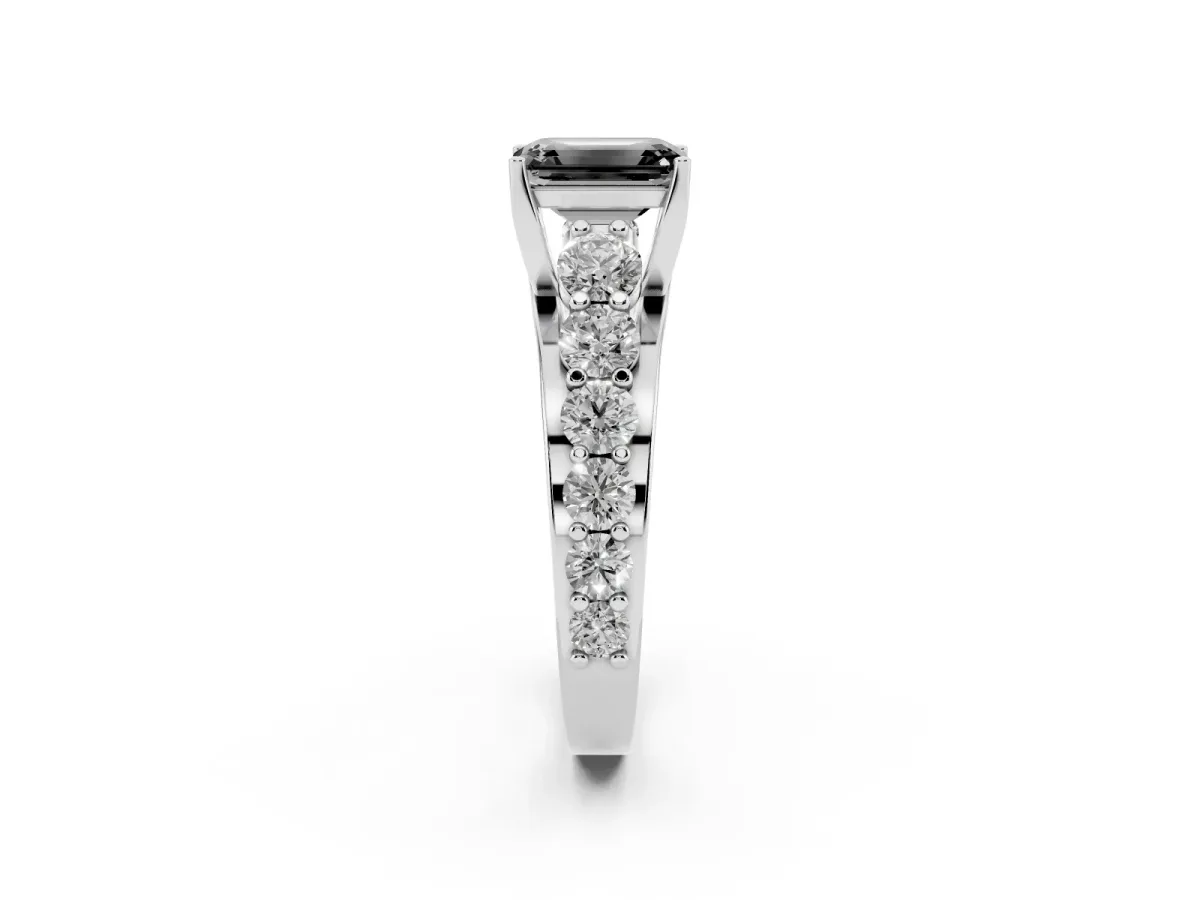 Fancy Black Emerald Cut Diamond Engagement Ring with Pavé Band and Four-Prong Setting Silver