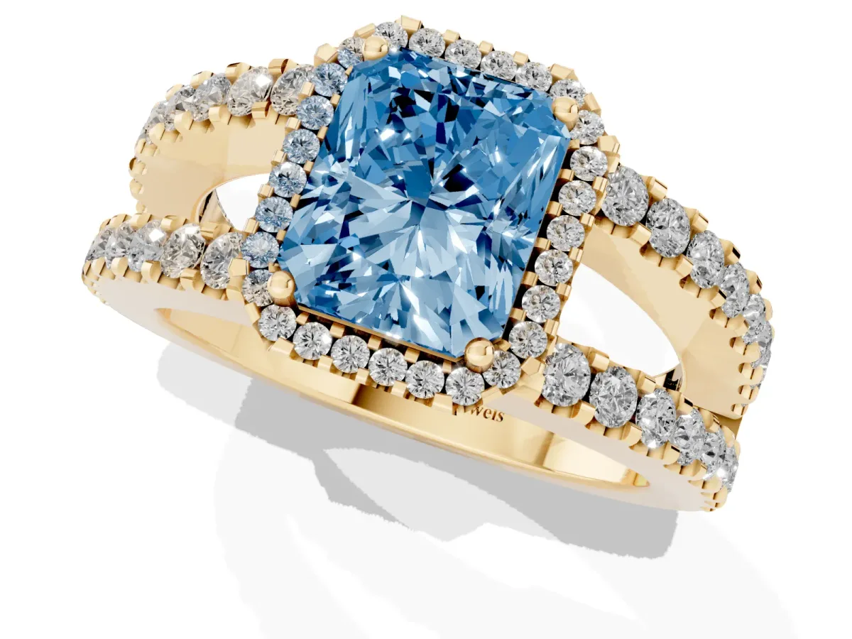 Fancy Blue Radiant Cut Cut Halo Split Shank Diamond Ring with Four-Prong Setting Yellow gold
