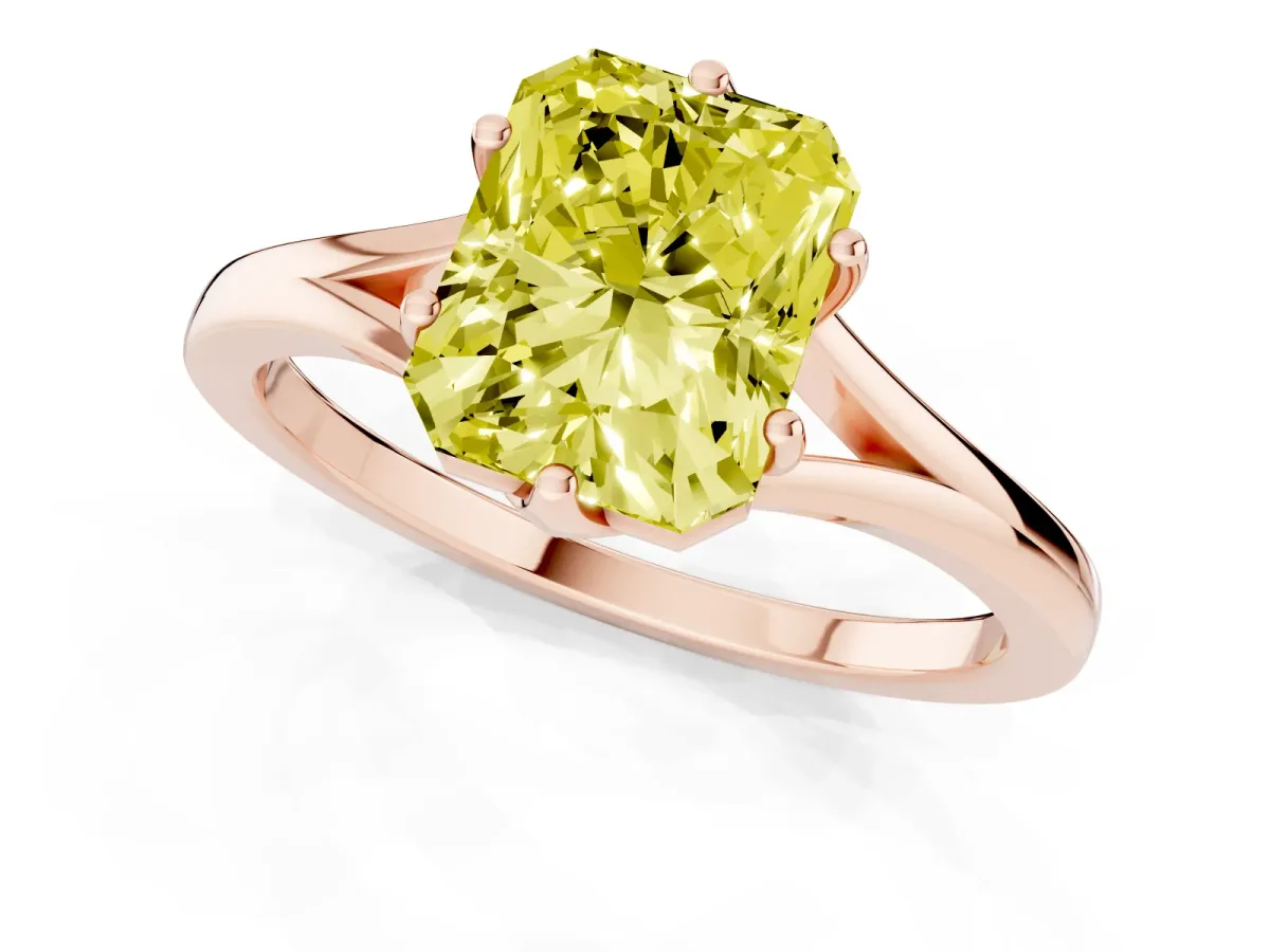 Fancy Yellow Radiant Cut Solitaire Diamond Ring with Six-Prong Setting and Tapered Band Rose gold