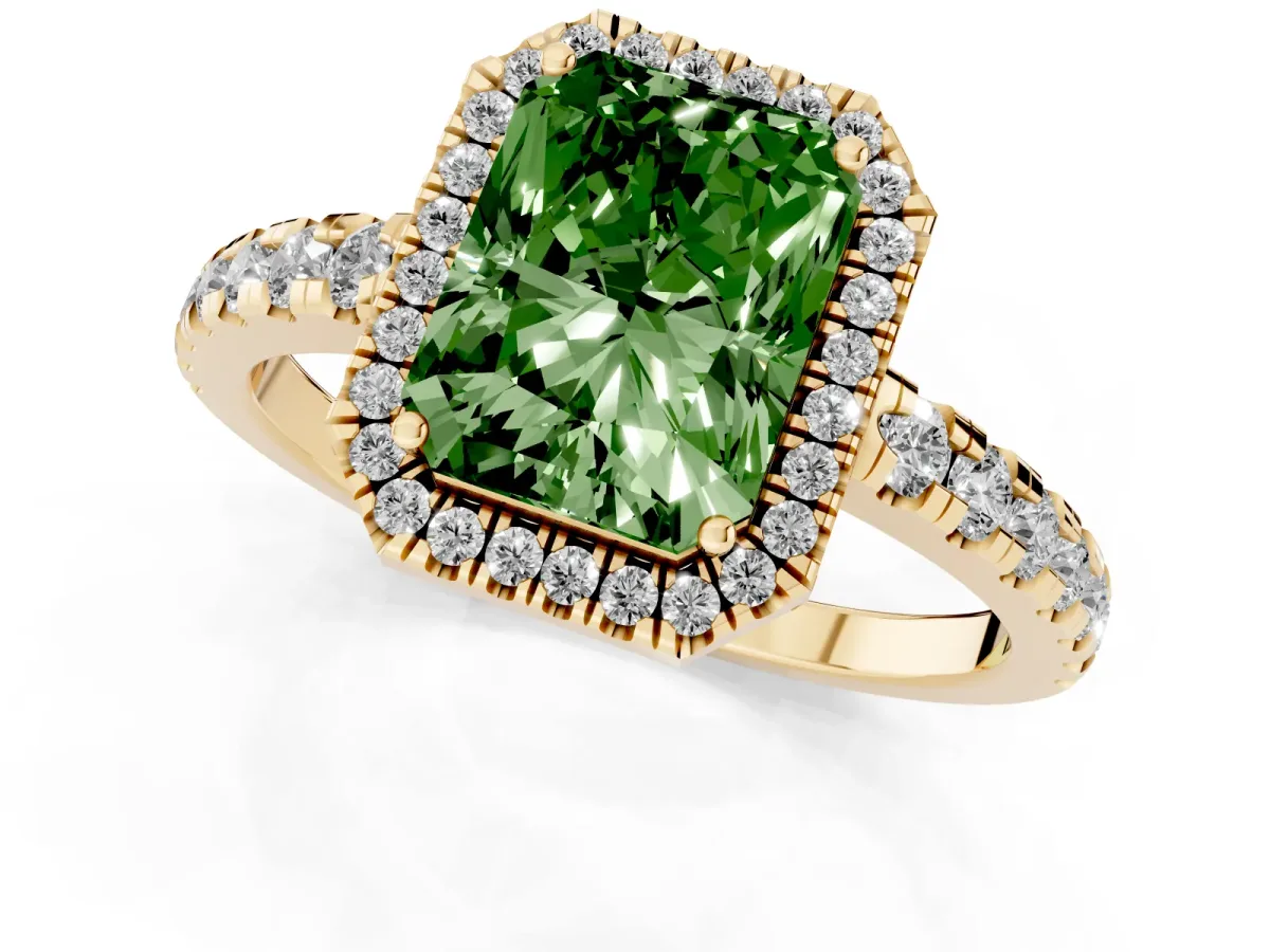 Fancy Green Radiant Cut Diamond Halo Ring with Pavé Band and Four-Prong Setting Yellow gold