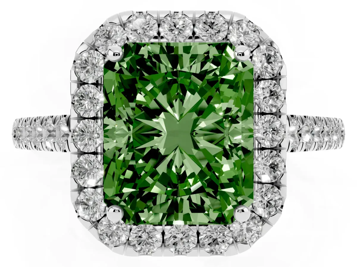 Fancy Green Radiant Cut Halo Pave Diamond Engagement Ring with Four-Prong Setting Silver