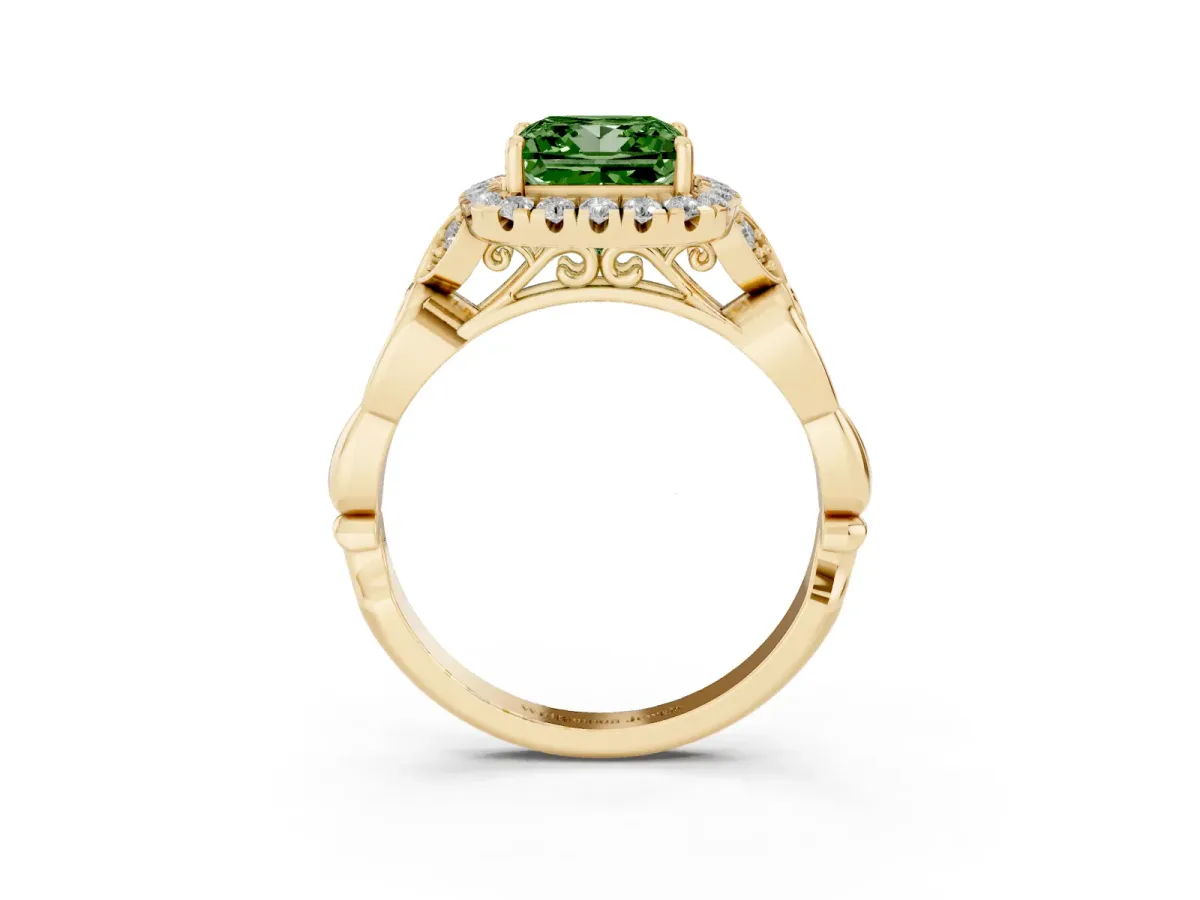 Fancy Green Princess Cut Halo Diamond Engagement Ring with Vintage-Inspired Band and Four-Prong Setting Yellow gold