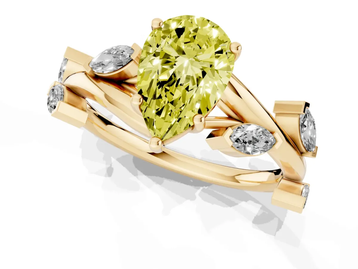 Fancy Yellow Pear Cut Solitaire Twisted Band Marquise Accent Prong Setting Ring Yellow gold
