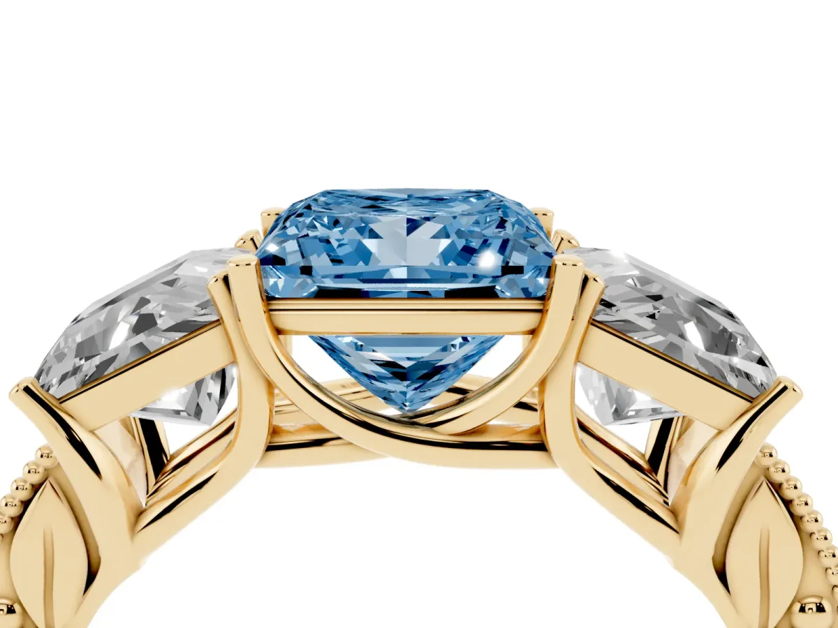 Fancy Blue Three-Stone Princess Cut Cut Milgrain Pavé Engagement Ring Yellow gold