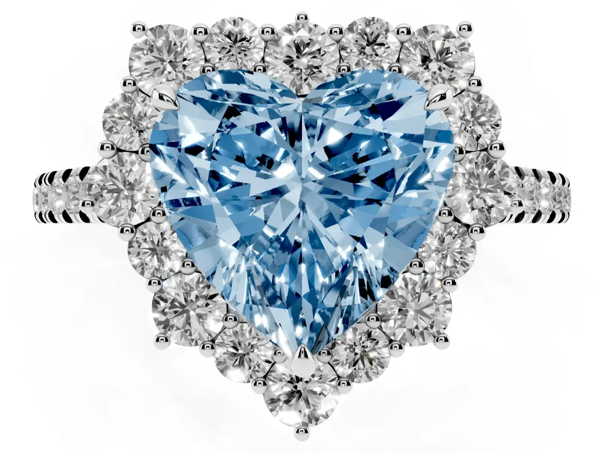 Fancy Blue Heart Cut Halo Diamond Ring with Pavé Band and Prong Setting Silver