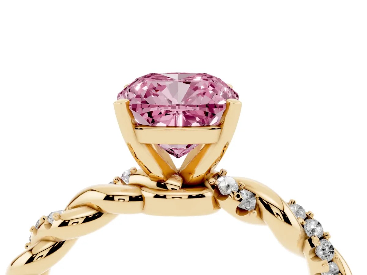 Fancy Pink Cushion Cut Diamond Solitaire Ring with Twisted Band and Pavé Accents Yellow gold