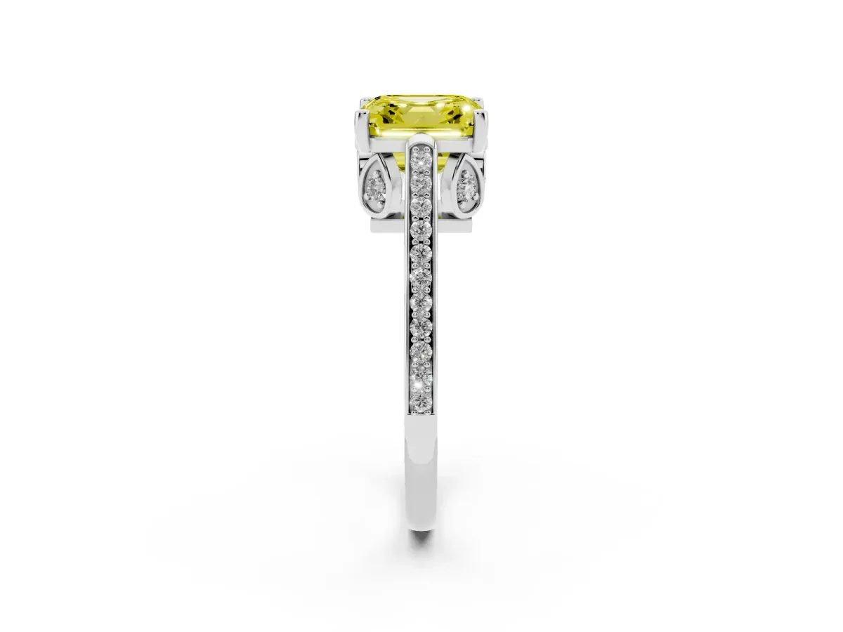 Fancy Yellow Asscher Cut Cut Cathedral Pave Diamond Engagement Ring with Six-Prong Setting Silver