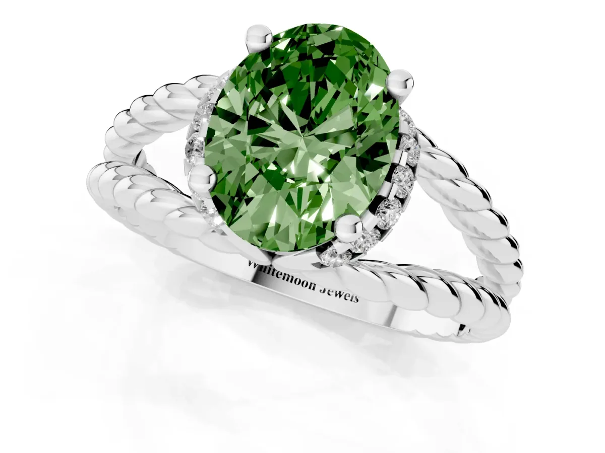 Fancy Green Oval Cut Halo Twisted Band Four-Prong Ring Silver
