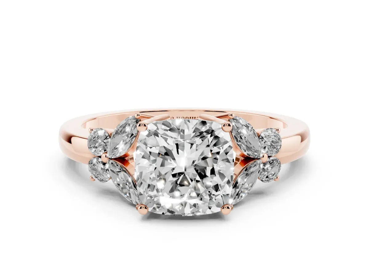 Cushion Cut Cut Solitaire Floral Diamond Ring with Four-Prong Setting Rose gold
