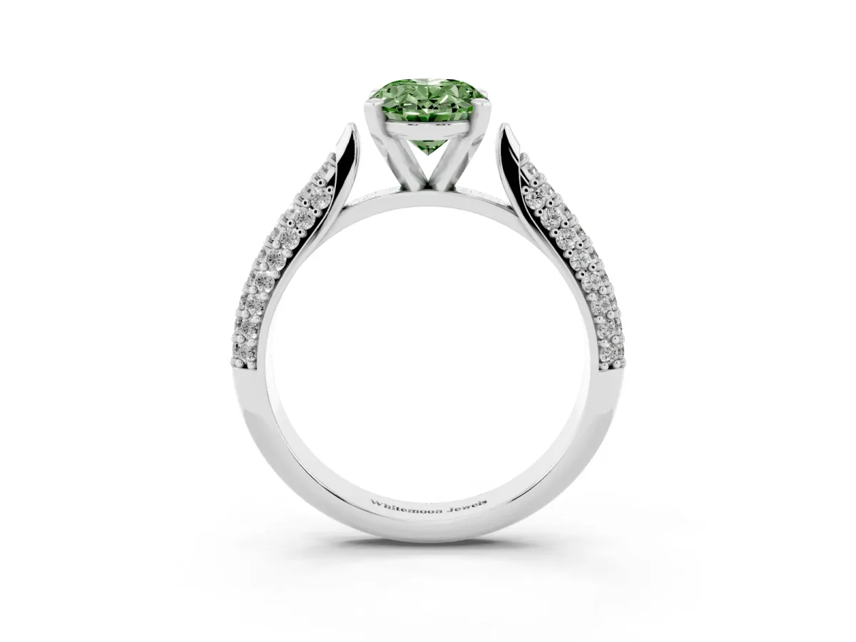 Fancy Green Oval Cut Diamond Solitaire Engagement Ring with Multi-Row Round Pavé Band and Prong Setting White gold