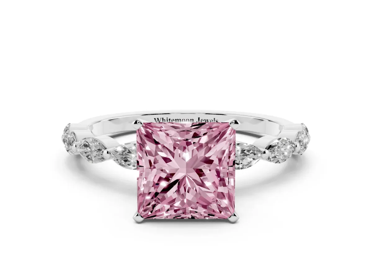 Fancy Pink Princess Cut Diamond Ring with Marquise Side Stones and Prong Setting Platinum