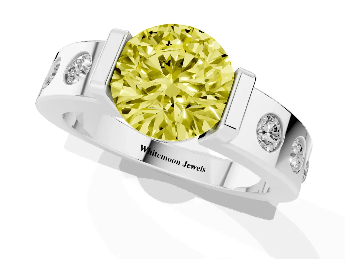 Fancy Yellow Round Cut Brilliant Channel-Set Diamond Ring with Bezel Prong Setting Platinum