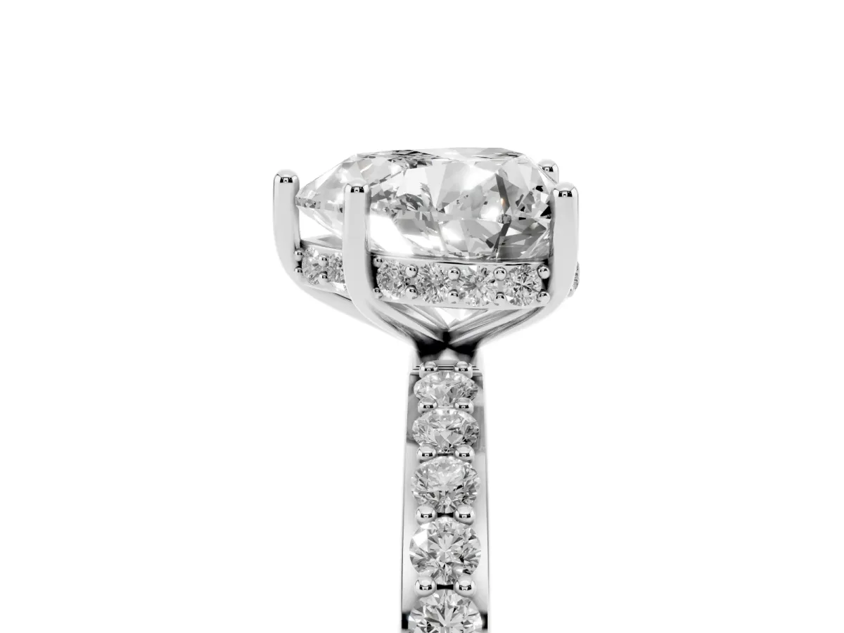 Heart Cut Diamond Solitaire Ring with Pavé Band and Hidden Halo Silver