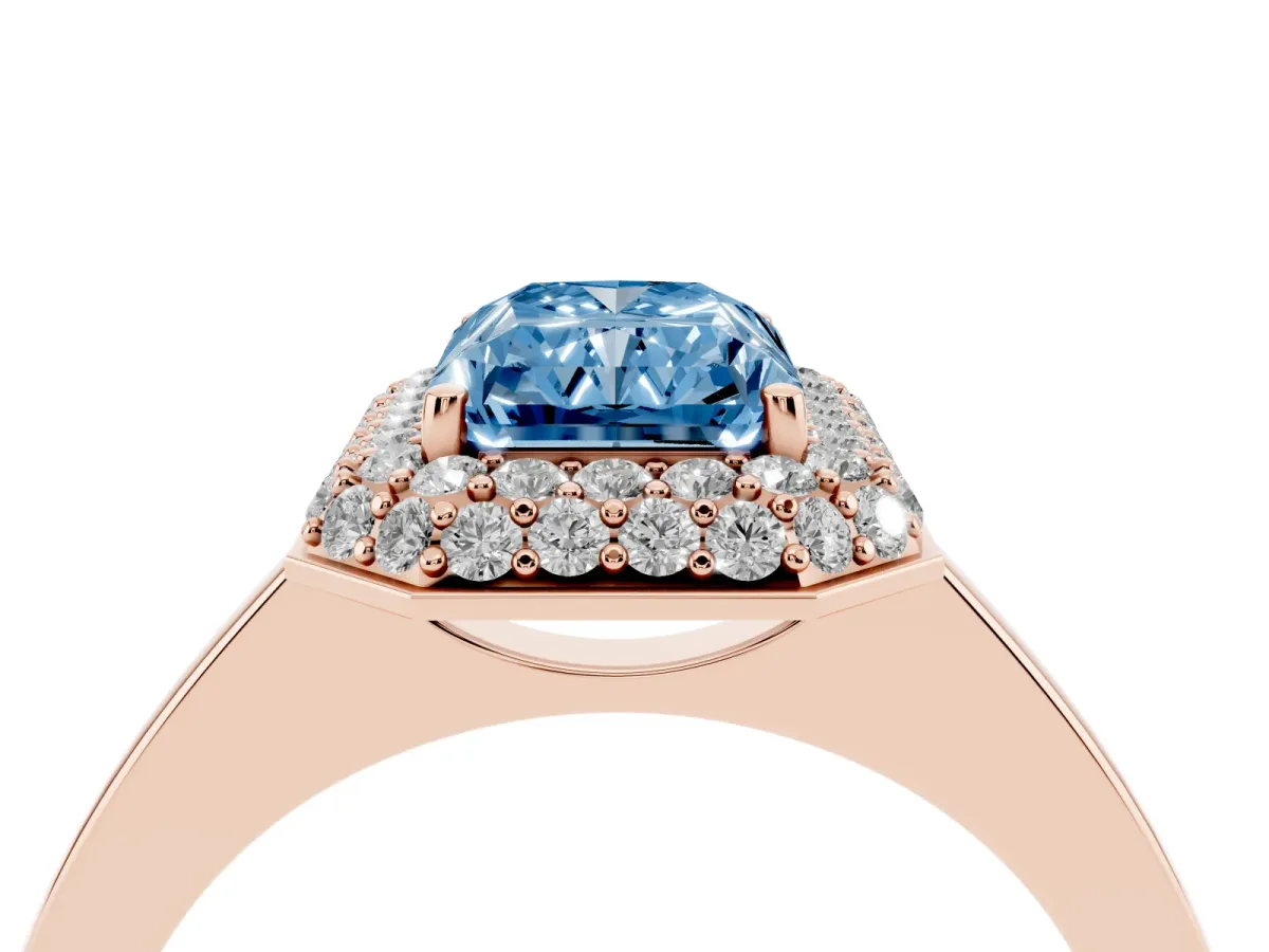 Fancy Blue Radiant Cut Halo Diamond Engagement Ring with Solitaire Band and Four-Prong Setting Rose gold
