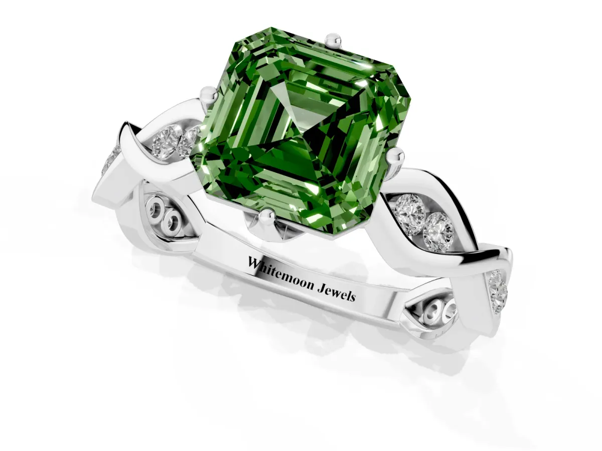 Fancy Green Asscher Cut Solitaire Twist Band with Leaf Prong Setting Platinum