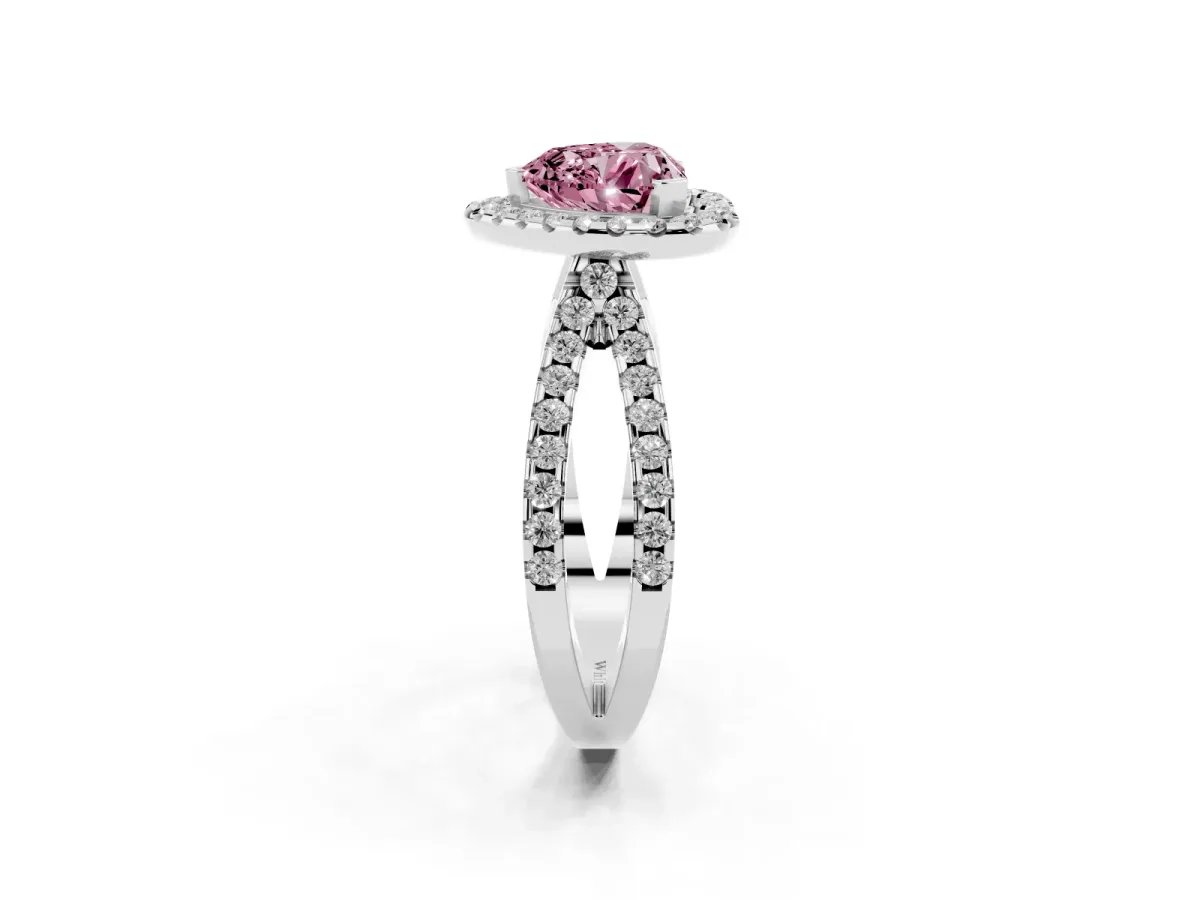 Fancy Pink Heart Cut Diamond Halo Ring with Split Shank Pavé Band and Prong Setting Silver