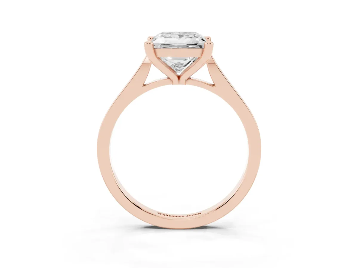 Princess Cut Solitaire Diamond Ring with Four-Prong Setting and Tapered Band Rose gold