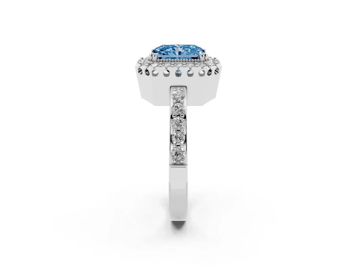 Fancy Blue Radiant Cut Diamond Halo Ring with Pavé Band and Prong Setting Platinum