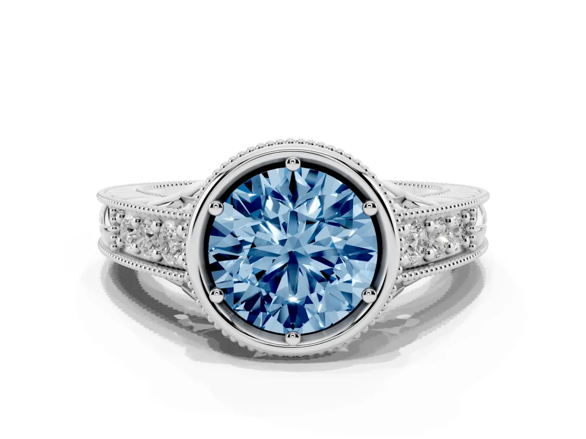 Fancy Blue Bezel Set Round Cut Diamond Milgrain Pave Engagement Ring Platinum