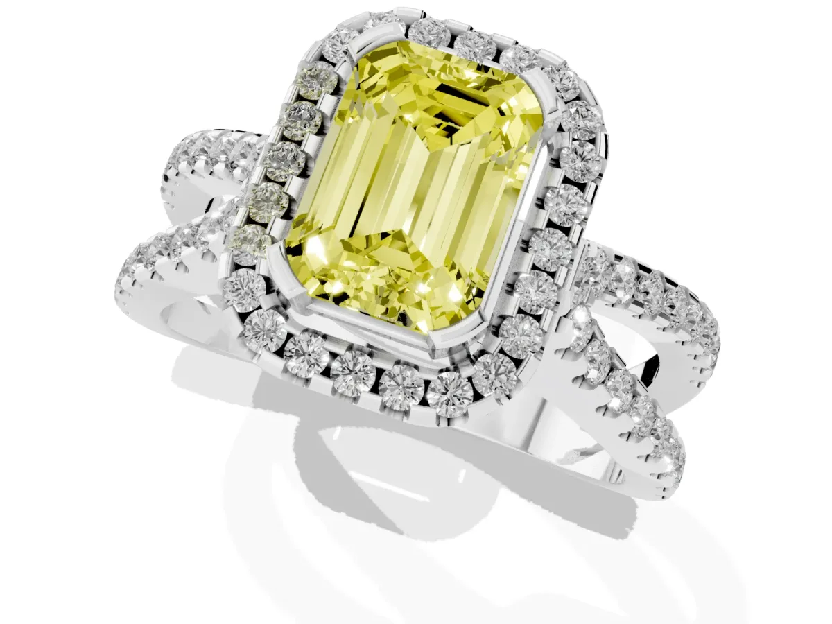 Fancy Yellow Emerald Cut Diamond Halo Ring with Split Shank Pavé Band and Prong Setting Silver