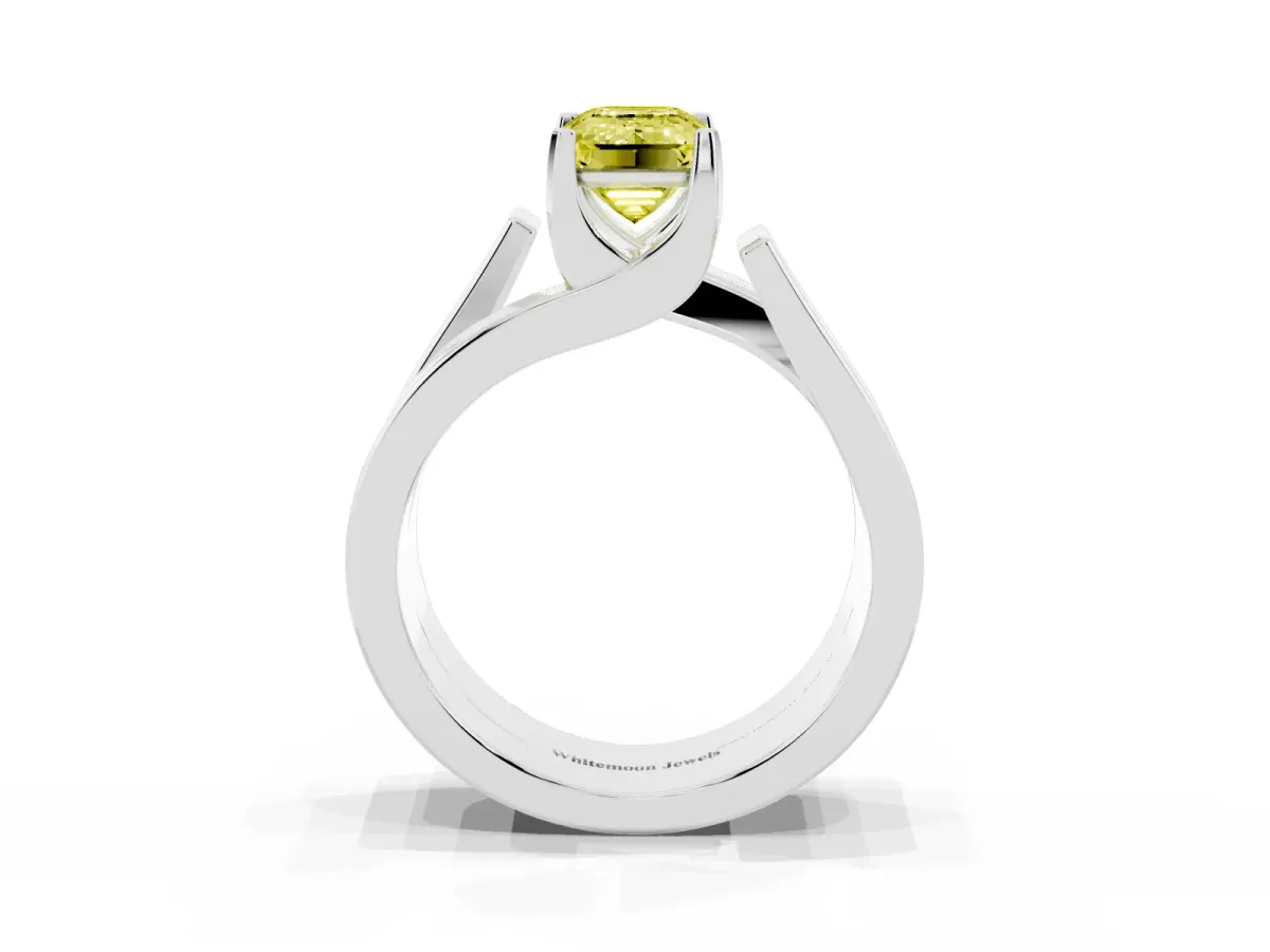 Fancy Yellow Modern Tension Set Emerald Cut Diamond Solitaire Wide Band Ring Silver