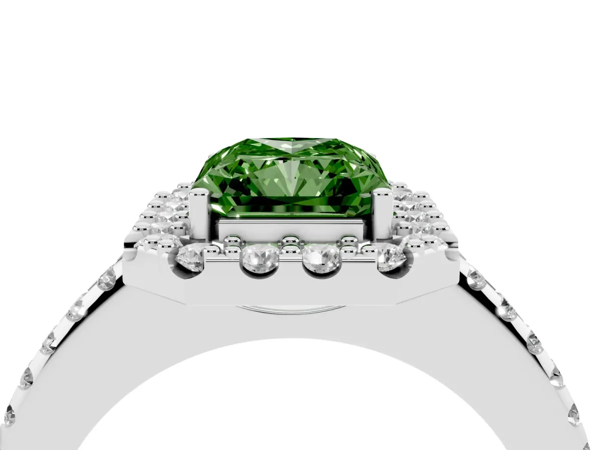 Fancy Green Radiant Cut Diamond Pavé Halo Ring with Four-Prong Setting Silver