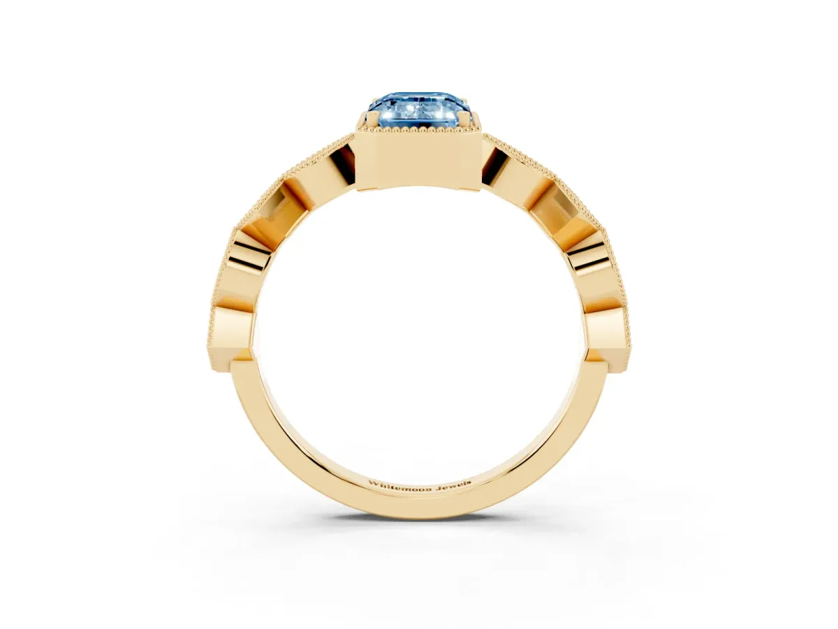 Fancy Blue Emerald Cut Milgrain Marquise Diamond Twist Band Ring Yellow gold