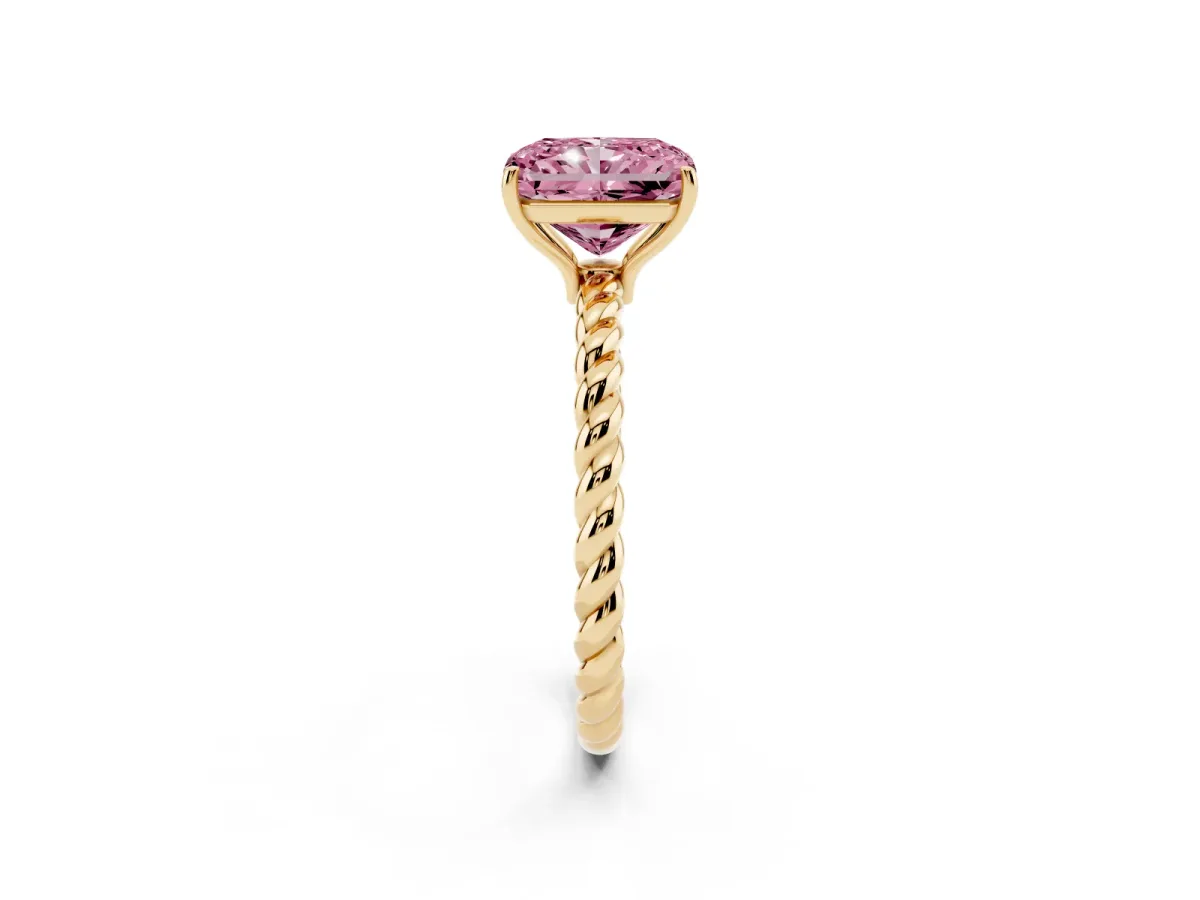 Fancy Pink Radiant Cut Solitaire Twist Band Ring with Four-Prong Setting Yellow gold