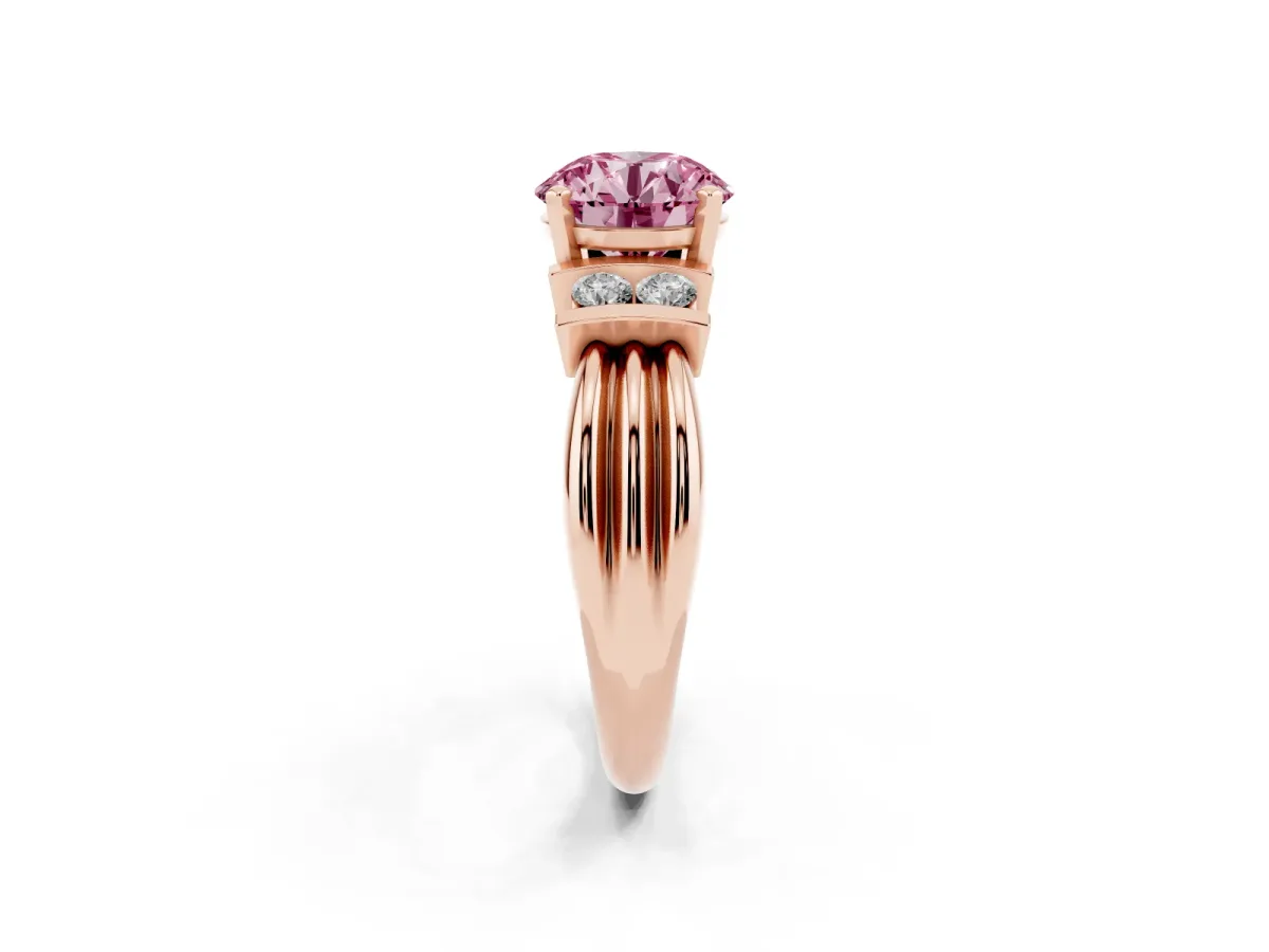 Fancy Pink Round Cut Cut Three-Stone Channel Set Ring with Bar Prongs Rose gold