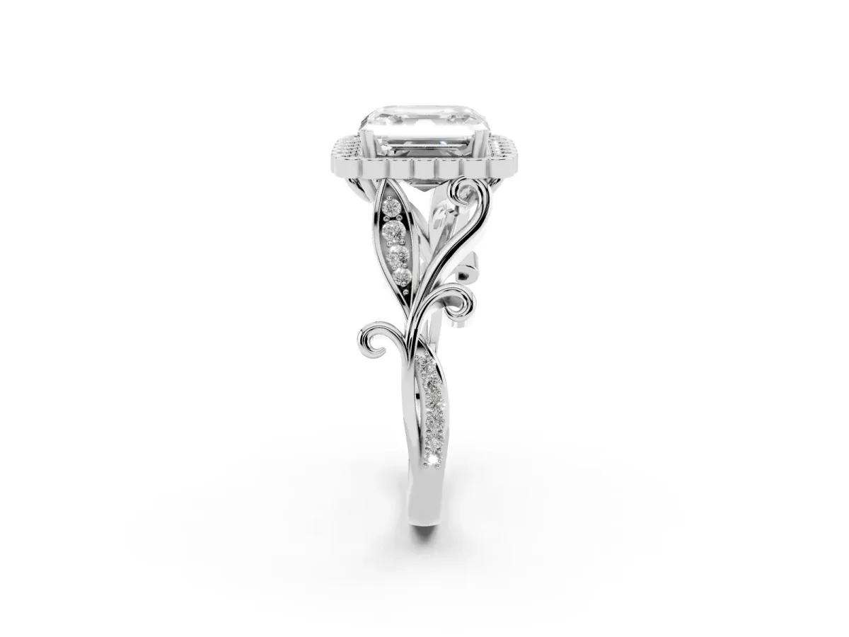 Asscher Cut Diamond Halo Ring with Vintage Split Shank and Four-Prong Setting Silver