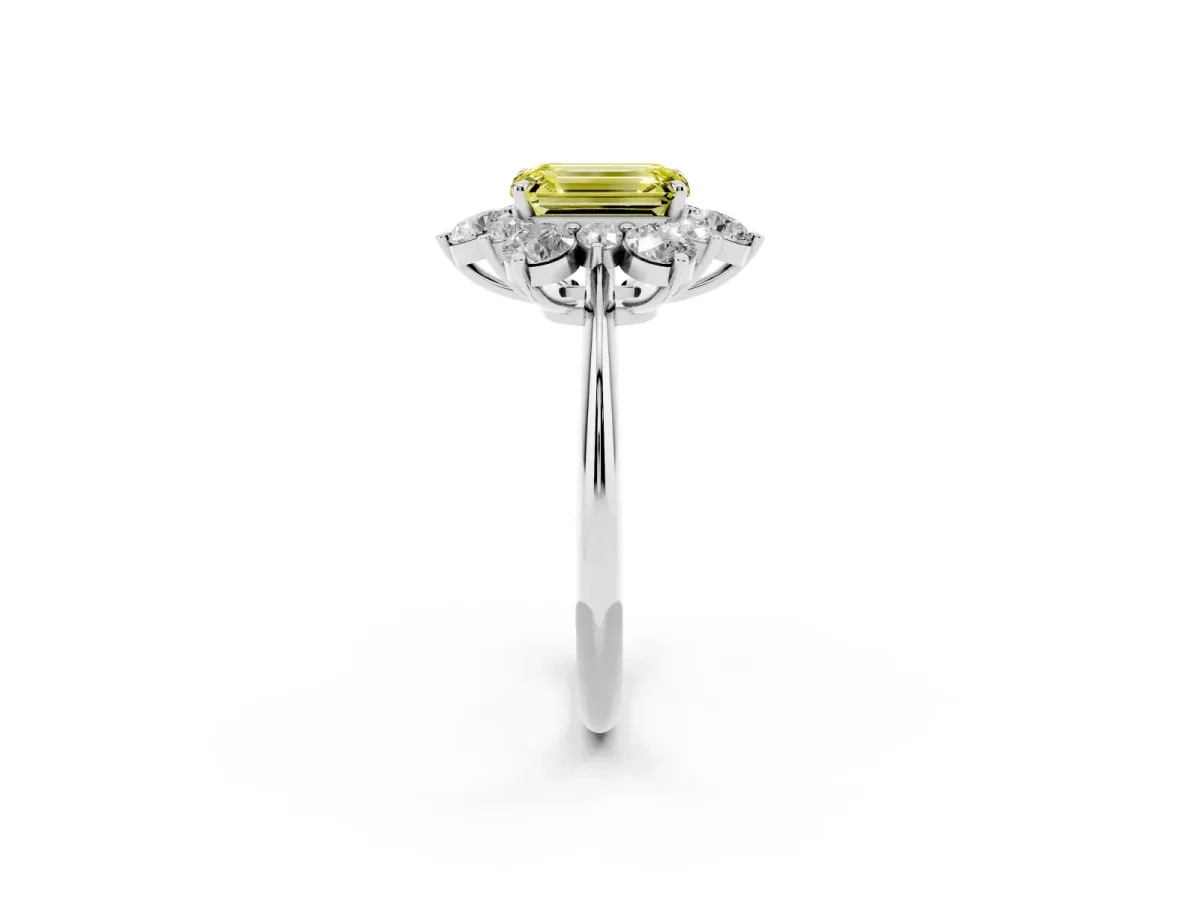 Fancy Yellow Emerald Cut Diamond Cluster Halo Ring with Solitaire Band and Four-Prong Setting Platinum