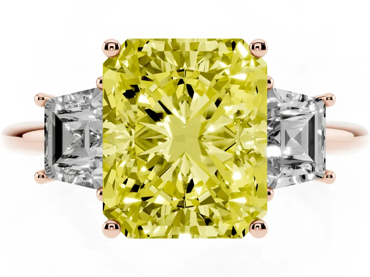 Fancy Yellow Radiant Cut Diamond Three-Stone Ring with Trapezoid Side Stones and Prong Setting Rose gold
