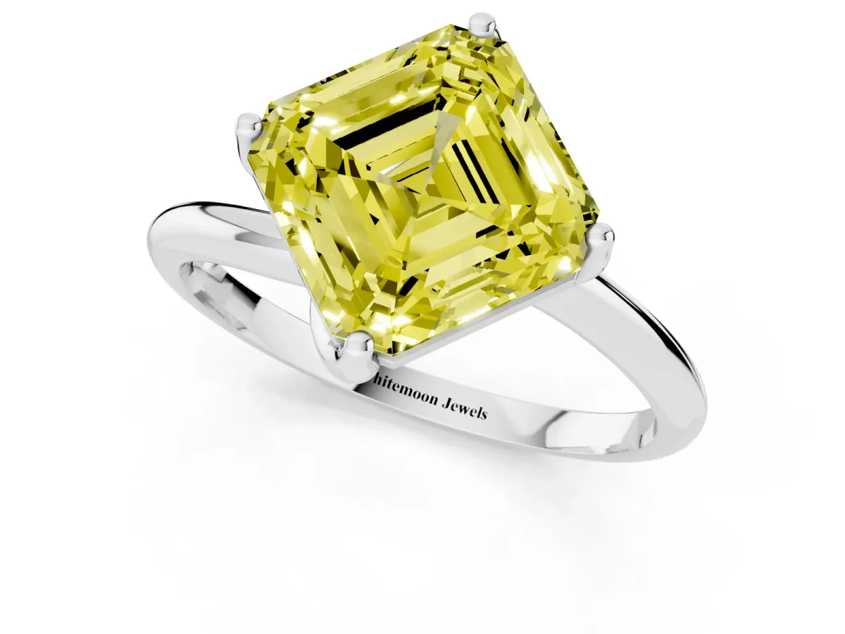 Fancy Yellow Asscher Cut Diamond Solitaire Engagement Ring with Four-Prong Setting and Classic Band Platinum
