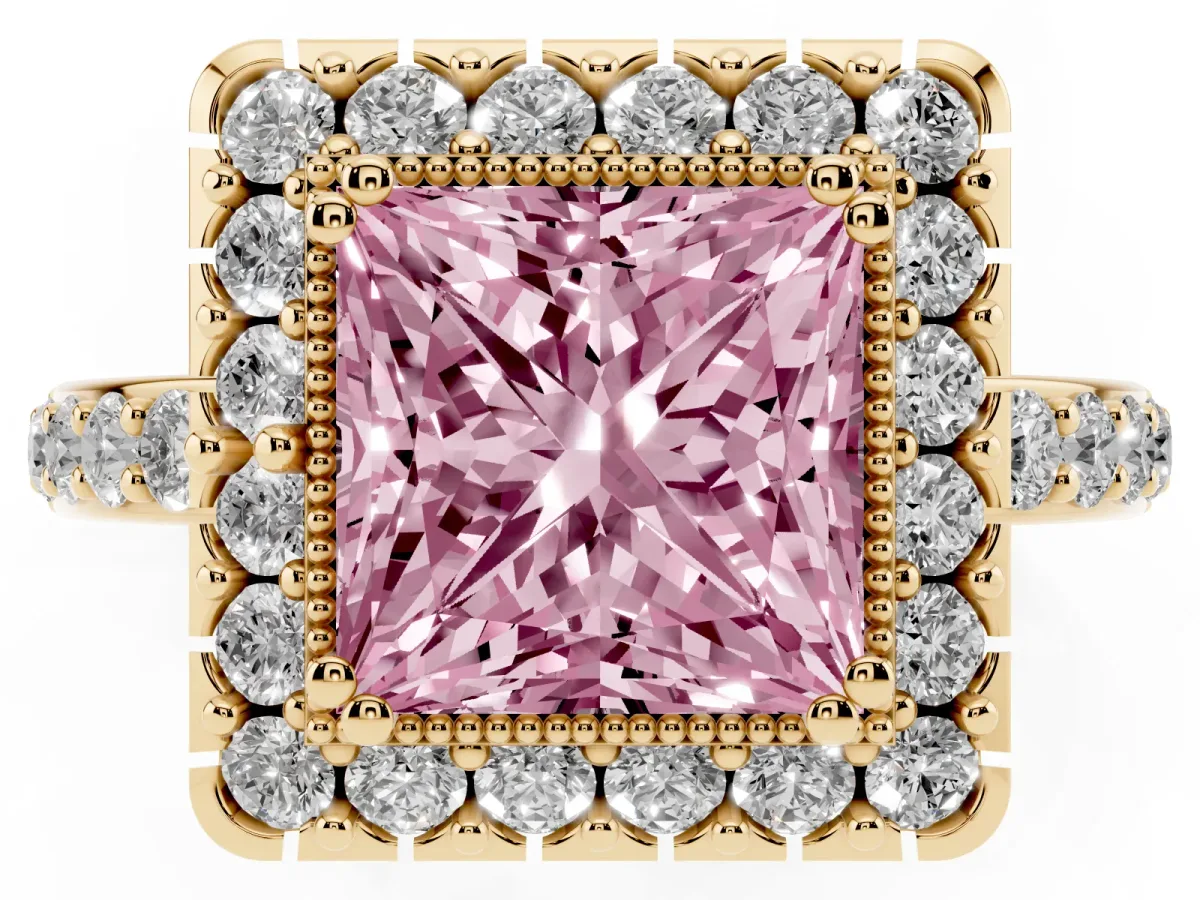 Fancy Pink Princess Cut Diamond Halo Ring with Pavé Band and Prong Setting Yellow gold