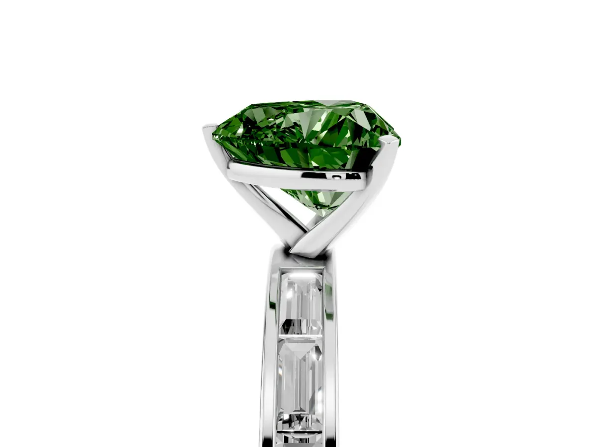 Fancy Green Heart Cut Solitaire Diamond Ring with Channel-Set Baguette Band and Four-Prong Setting Platinum