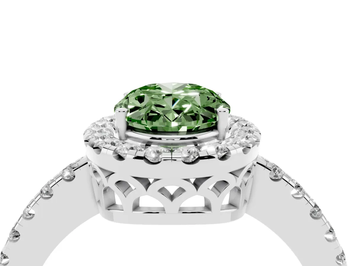 Fancy Green Oval Cut Halo Diamond Engagement Ring with Pavé Band and Four-Prong Setting White gold