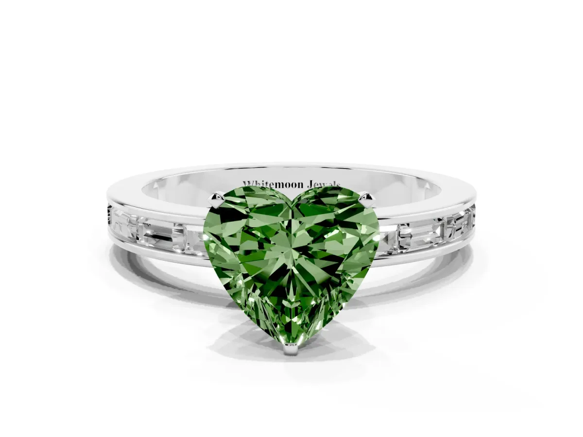 Fancy Green Heart Cut Solitaire Diamond Ring with Channel-Set Baguette Band and Four-Prong Setting Platinum