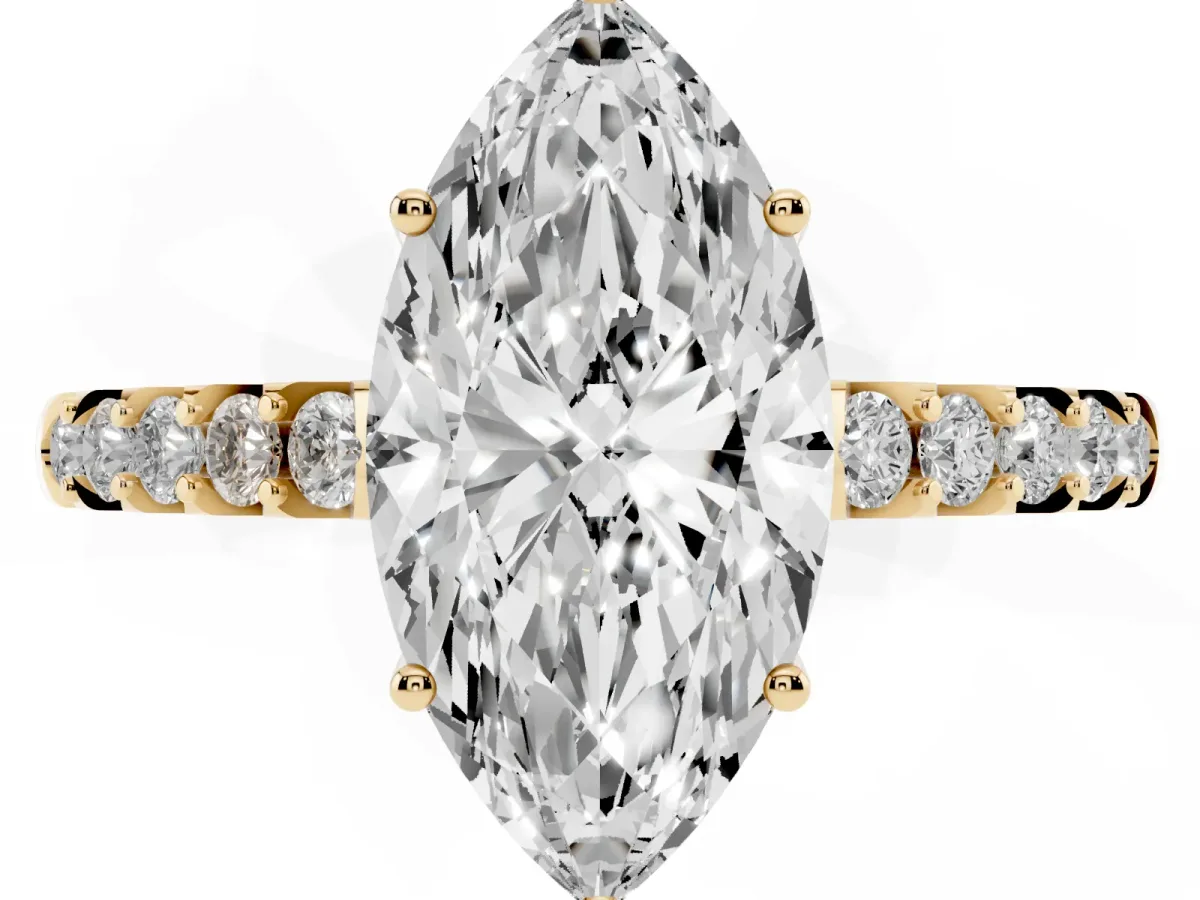 Marquise Cut Solitaire Diamond Engagement Ring with Pavé Band and Six-Prong Setting Yellow gold