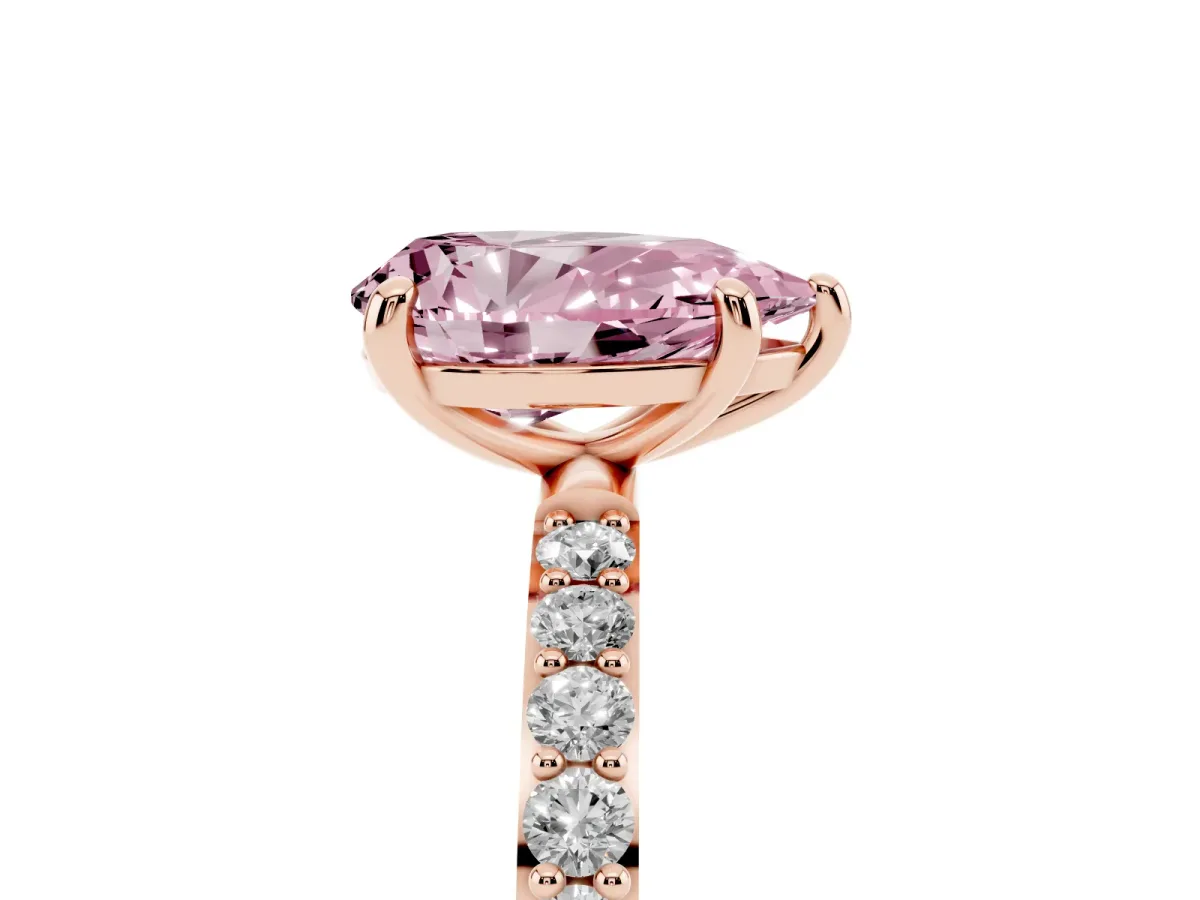 Fancy Pink Pear Cut Diamond Solitaire Ring with Round Pavé Band and Prong Setting Rose gold