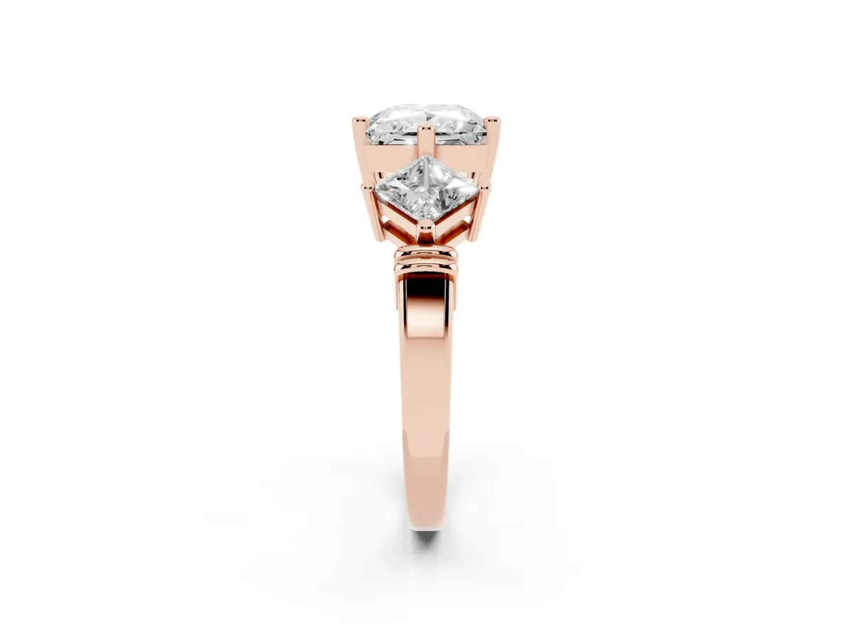 Three-Stone Princess Cut and Princess Cut Diamond Ring with Channel Band and Four-Prong Setting Rose gold