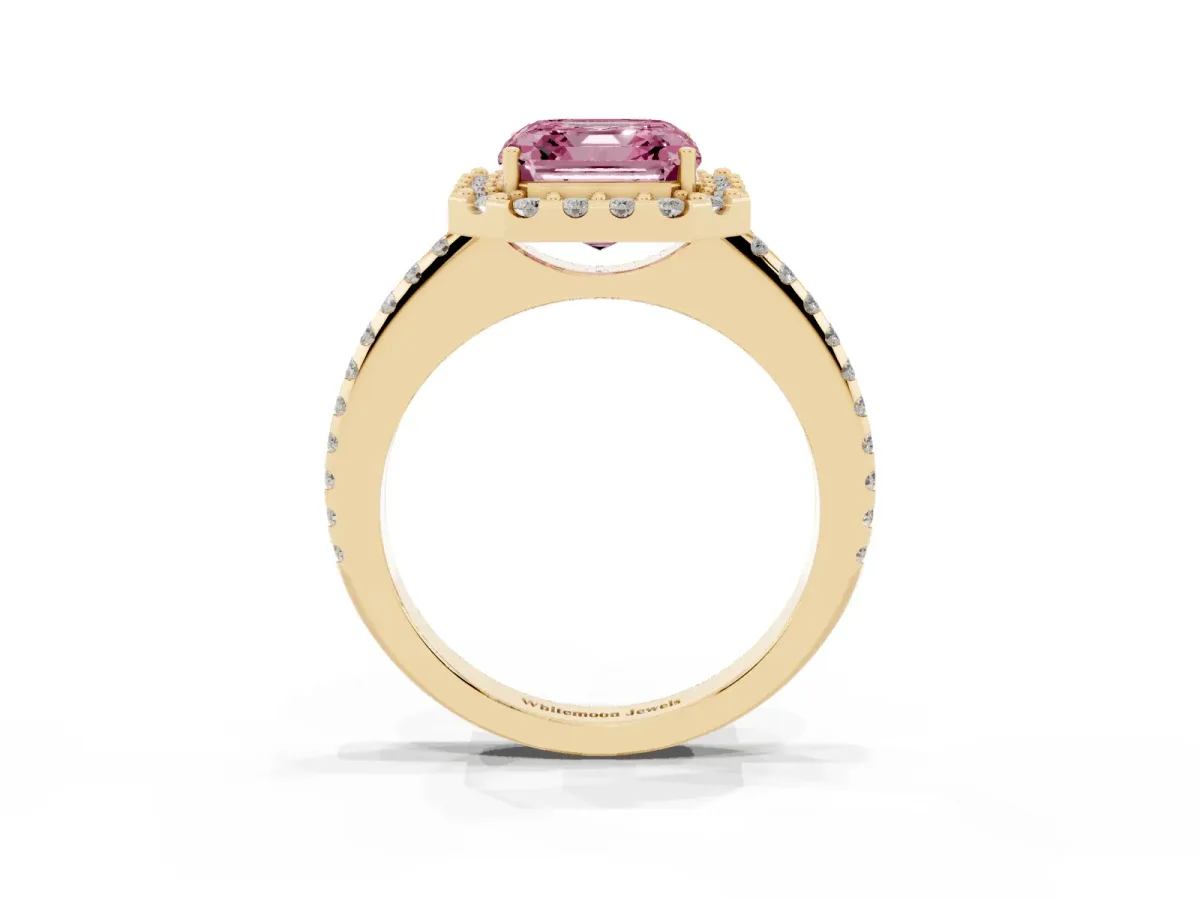 Fancy Pink Asscher Cut Diamond Pavé Halo Ring with Four-Prong Setting Yellow gold