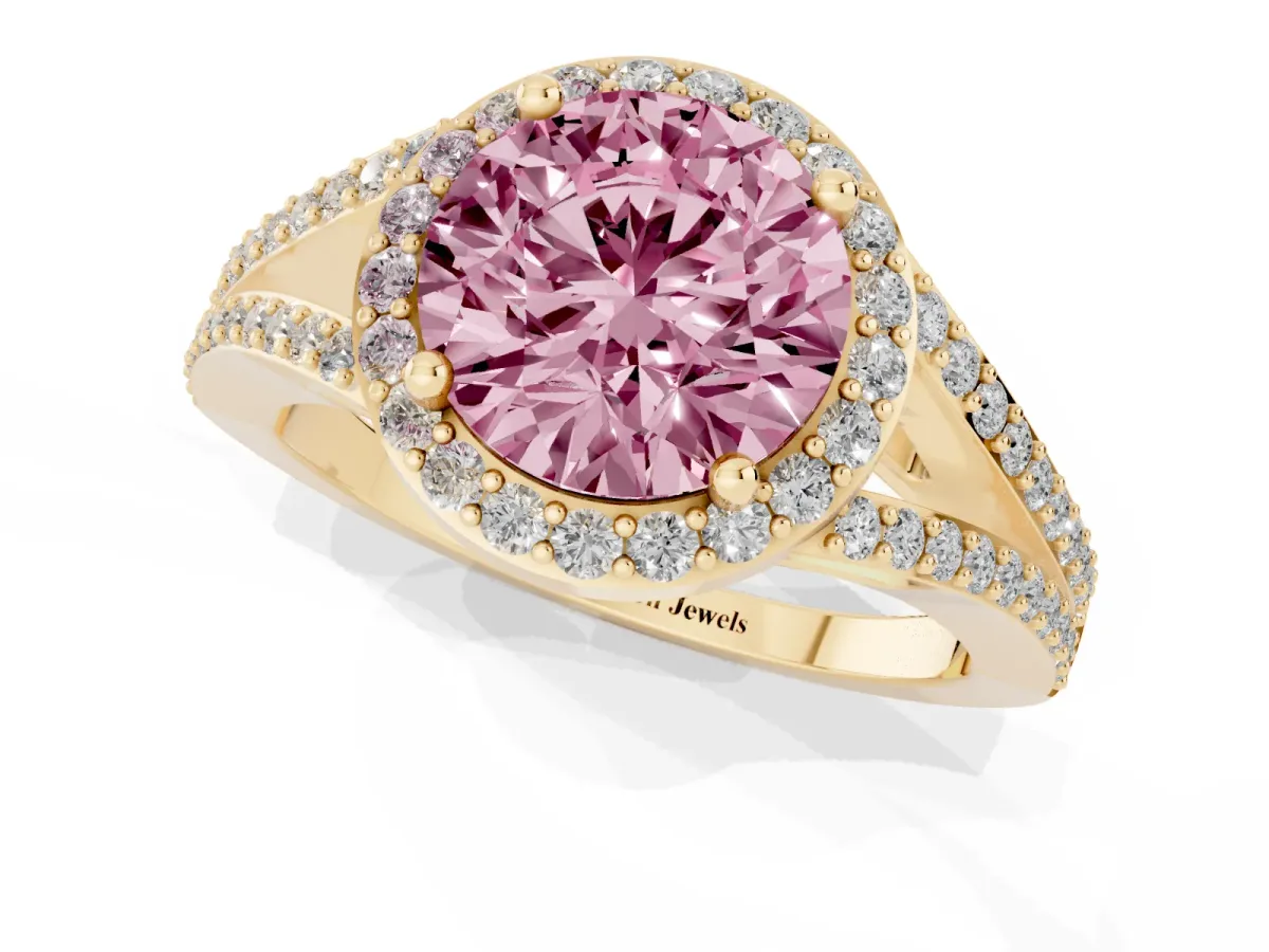 Fancy Pink Round Cut Halo Split Shank Pave Diamond Ring with Four-Prong Setting Yellow gold