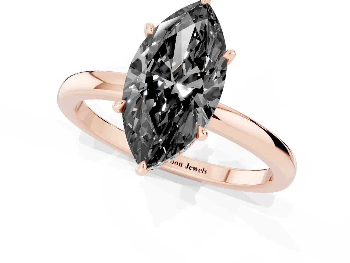 Fancy Black Marquise Cut Solitaire Engagement Ring with Cathedral Band and Four-Prong Setting Rose gold
