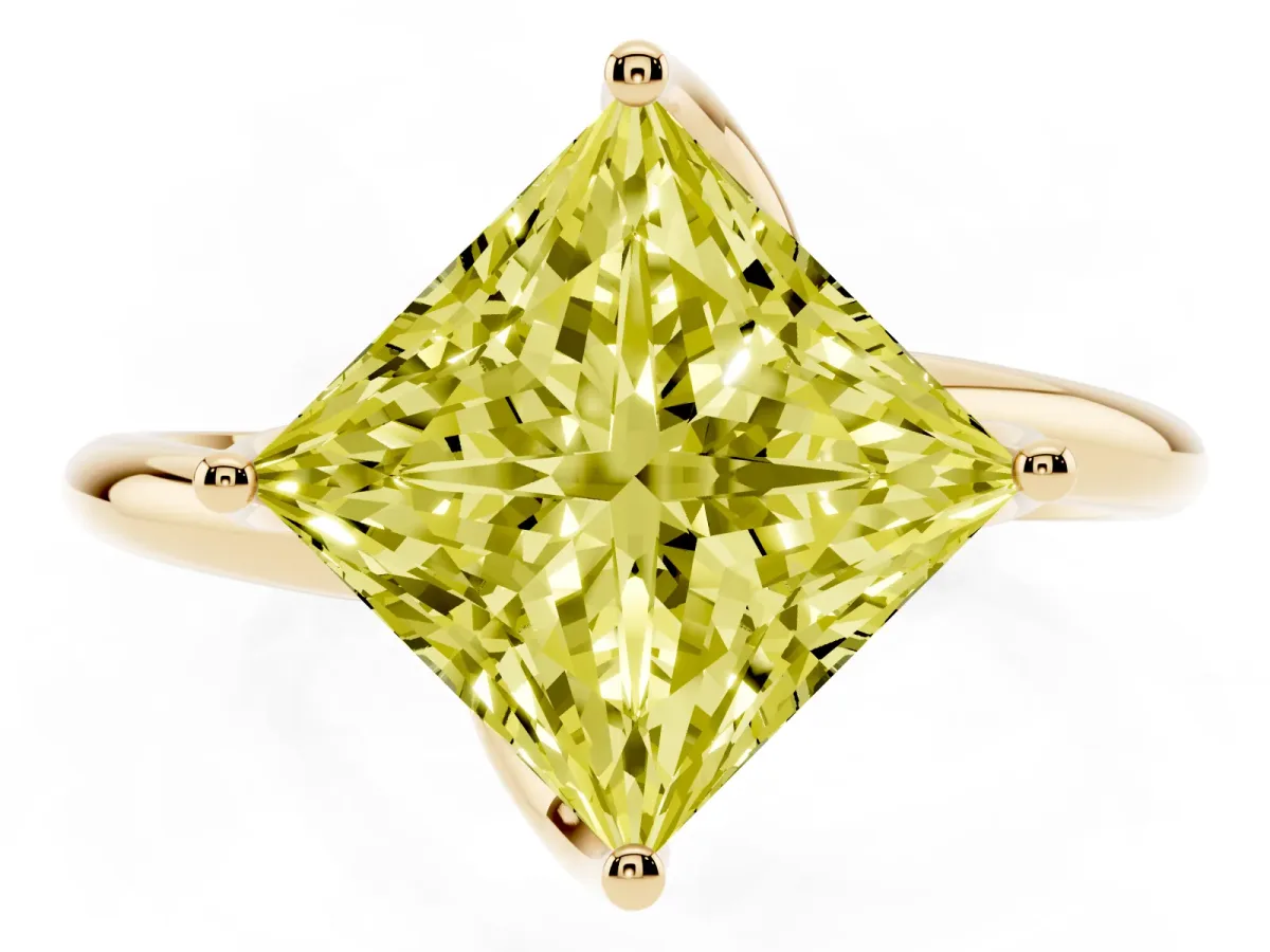 Fancy Yellow Princess Cut Diamond Solitaire Engagement Ring with Four-Prong Setting and Classic Band Yellow gold