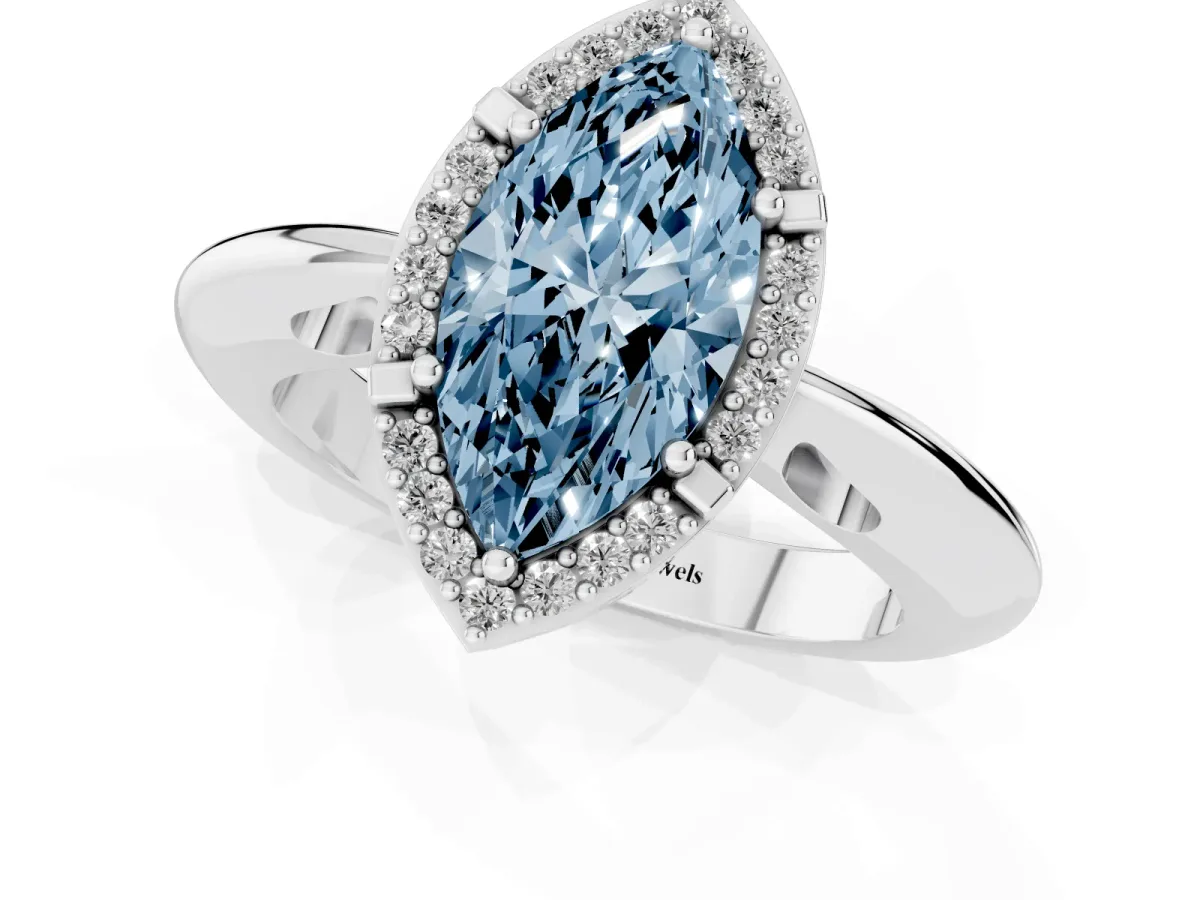 Fancy Blue Marquise Cut Cut Diamond Halo Engagement Ring with Split Shank and Four-Prong Setting Silver