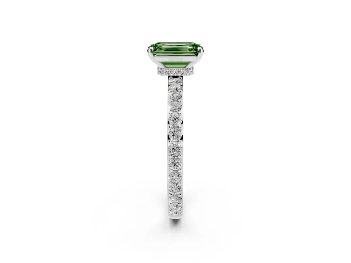 Fancy Green Emerald Cut Diamond Solitaire Engagement Ring with Pavé Band and Four-Prong Setting Platinum