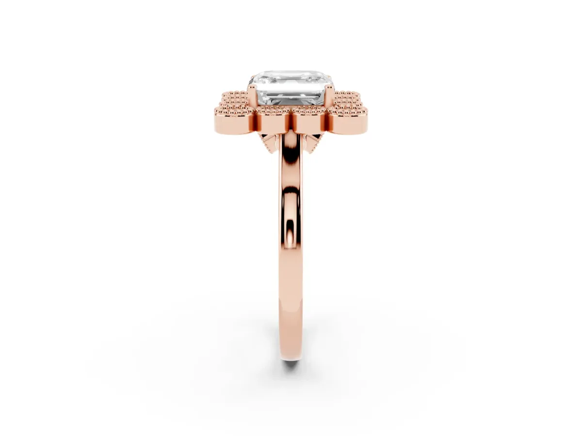 Asscher Cut Halo Diamond Cluster Engagement Ring with Milgrain Bezel Setting and Solitaire Band Rose gold